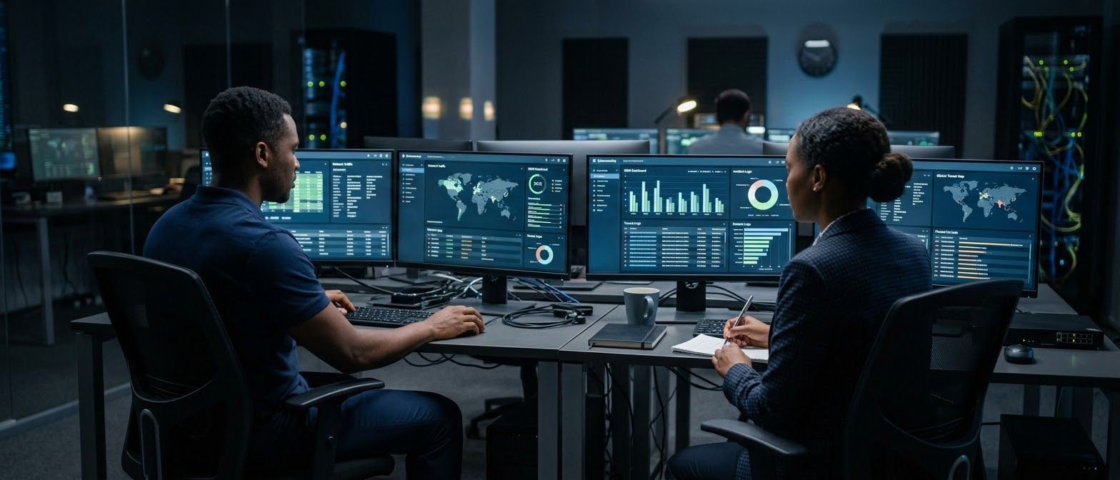 Two security analysts monitoring threat dashboards across several screens